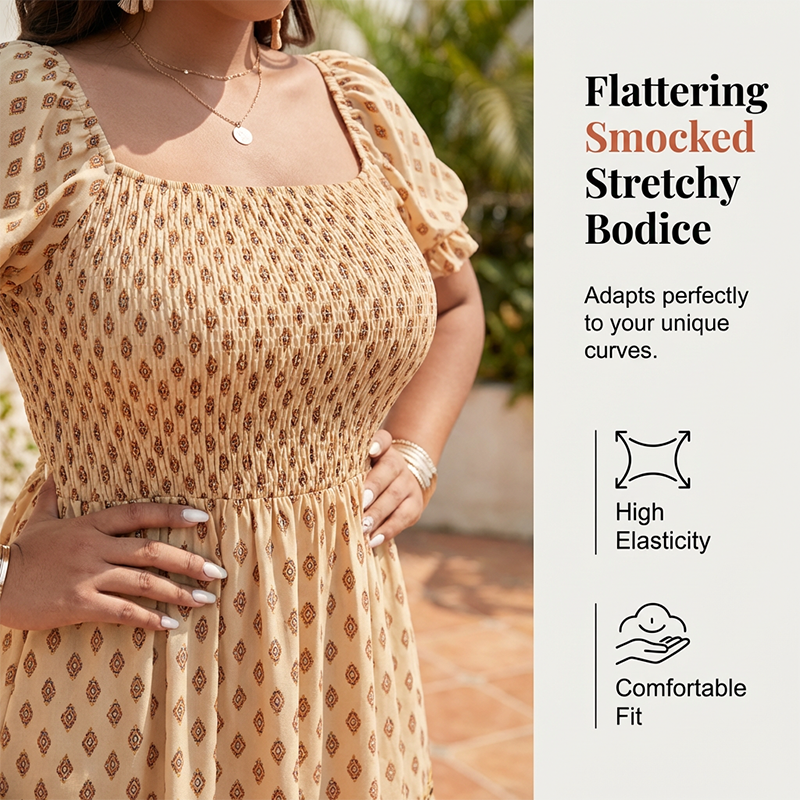 0XL-4XL😍Rochie lungă cu guler pătrat, mâneci bufante și volane💃-1