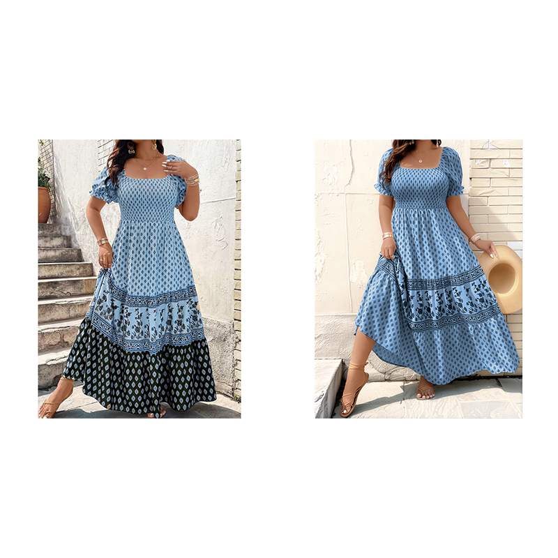 0XL-4XL😍Rochie lungă cu guler pătrat, mâneci bufante și volane💃-11