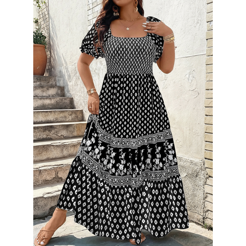0XL-4XL😍Rochie lungă cu guler pătrat, mâneci bufante și volane💃-12