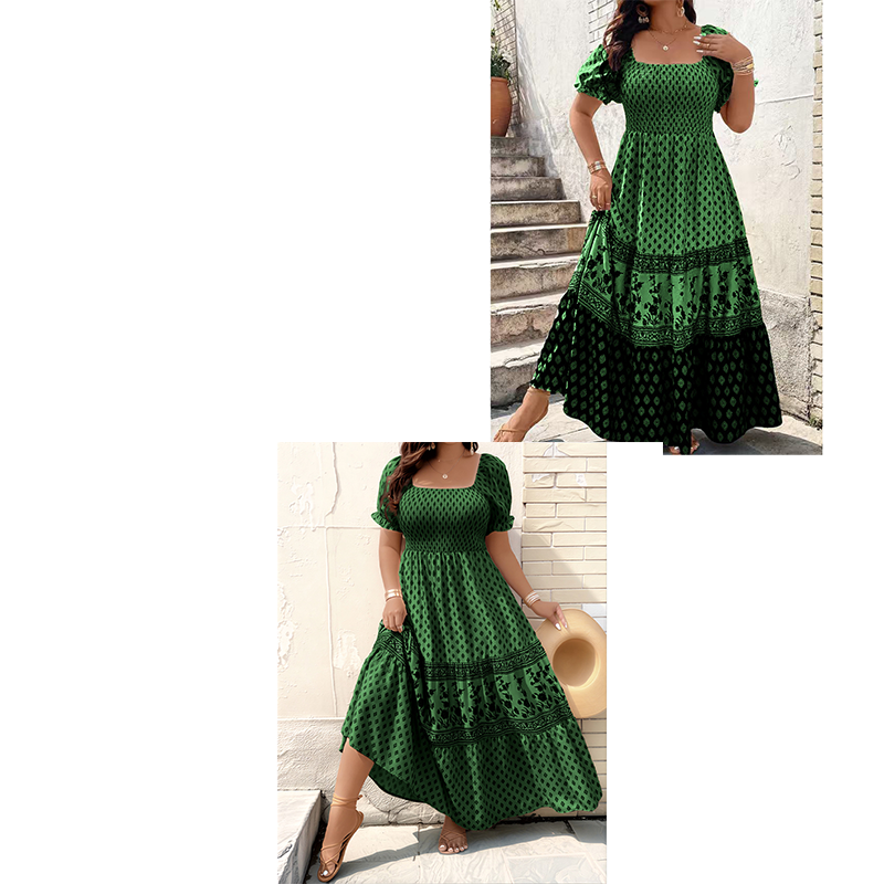 0XL-4XL😍Rochie lungă cu guler pătrat, mâneci bufante și volane💃-13