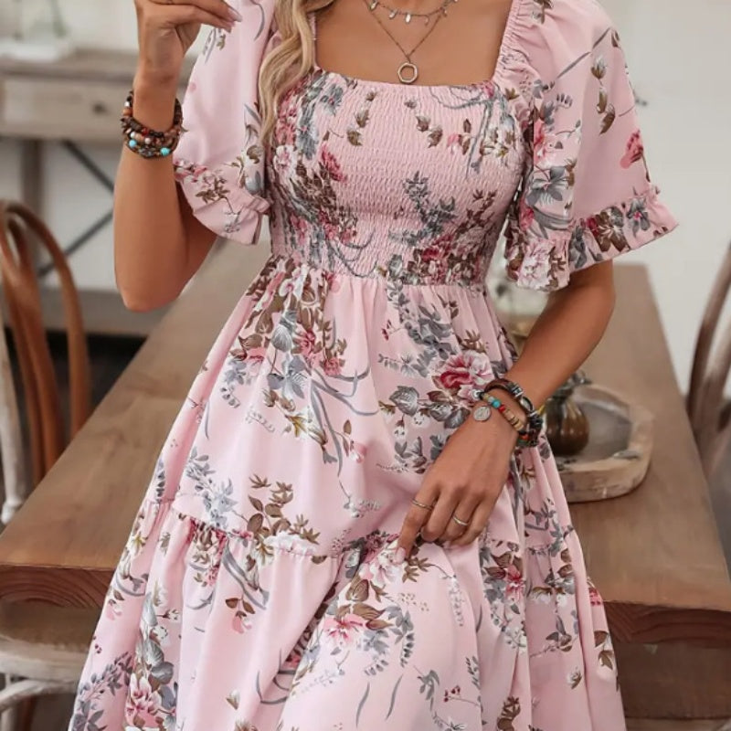 Rochie elegantă pentru femei, cu decolteu pătrat, imprimeu floral și detalii smockate-1