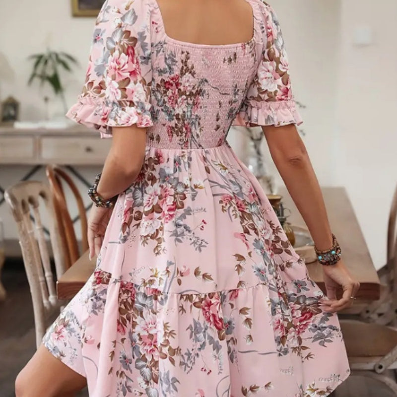 Rochie elegantă pentru femei, cu decolteu pătrat, imprimeu floral și detalii smockate-2