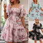 Rochie elegantă pentru femei, cu decolteu pătrat, imprimeu floral și detalii smockate
