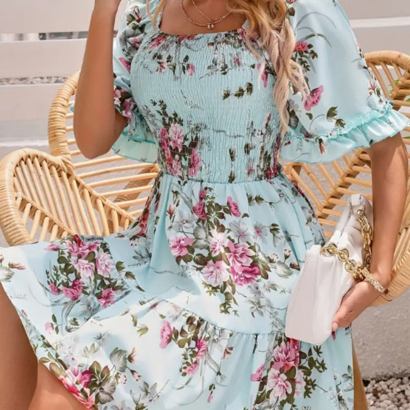 Rochie elegantă pentru femei, cu decolteu pătrat, imprimeu floral și detalii smockate-3