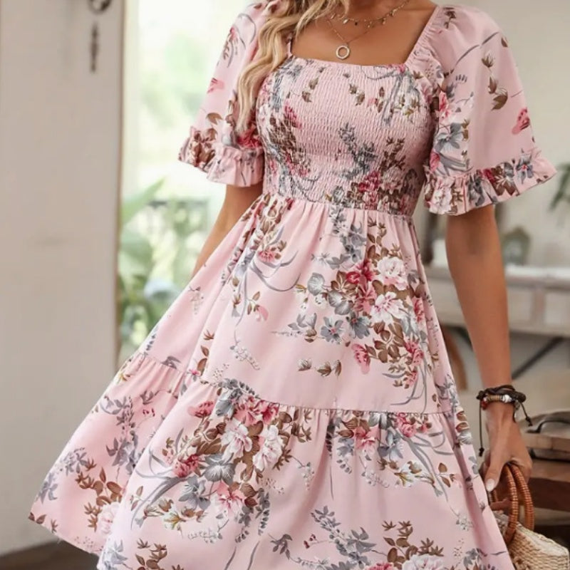 Rochie elegantă pentru femei, cu decolteu pătrat, imprimeu floral și detalii smockate-6
