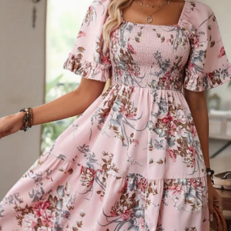 Rochie elegantă pentru femei, cu decolteu pătrat, imprimeu floral și detalii smockate-5