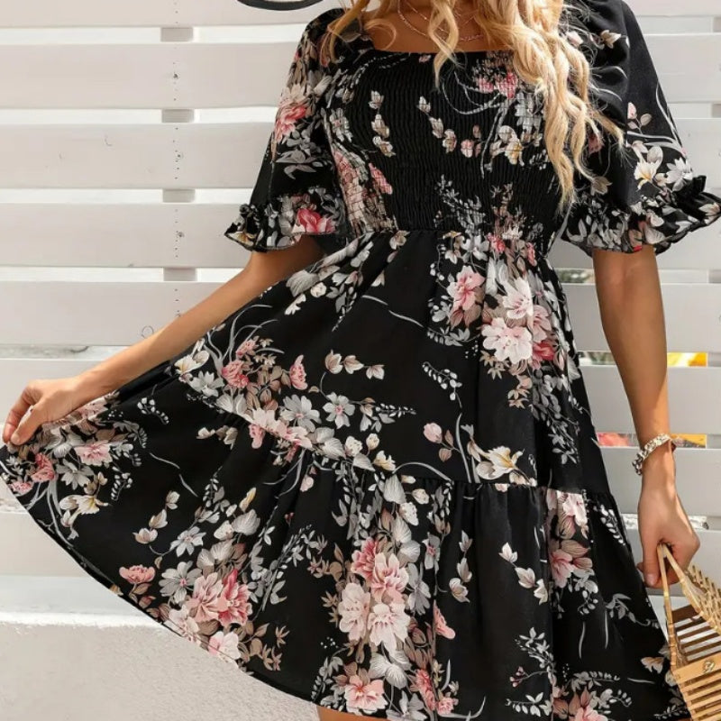 Rochie elegantă pentru femei, cu decolteu pătrat, imprimeu floral și detalii smockate-8