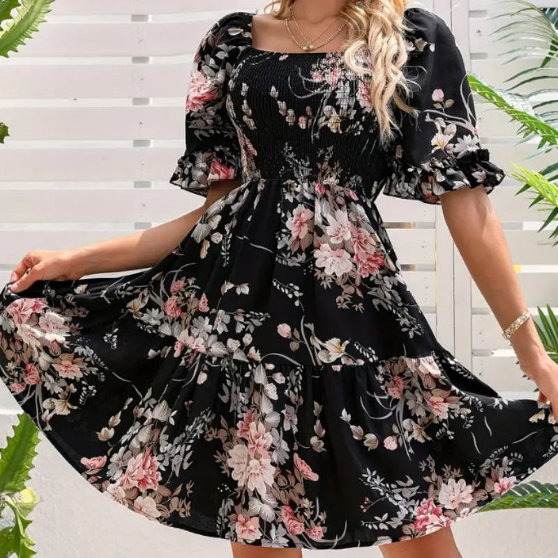Rochie elegantă pentru femei, cu decolteu pătrat, imprimeu floral și detalii smockate-13
