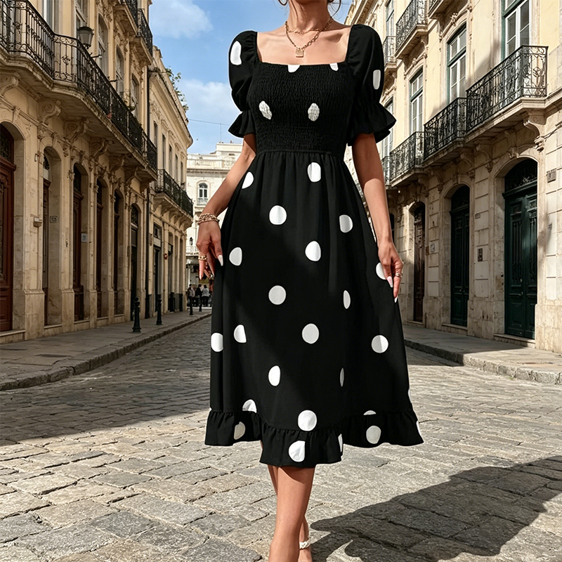 👗🎬Rochie pentru femei cu imprimeu în buline, cu guler pătrat și detalii smockate😍-2