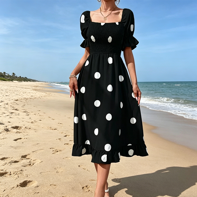 👗🎬Rochie pentru femei cu imprimeu în buline, cu guler pătrat și detalii smockate😍-3