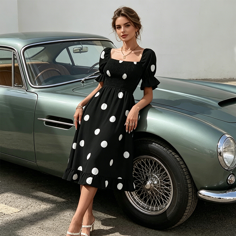 👗🎬Rochie pentru femei cu imprimeu în buline, cu guler pătrat și detalii smockate😍-4