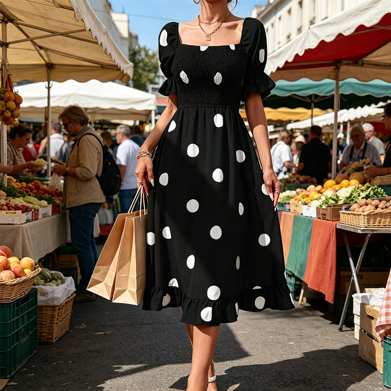 👗🎬Rochie pentru femei cu imprimeu în buline, cu guler pătrat și detalii smockate😍-5