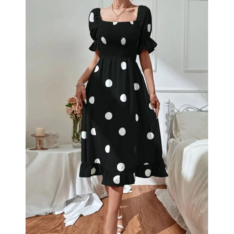 👗🎬Rochie pentru femei cu imprimeu în buline, cu guler pătrat și detalii smockate😍-7