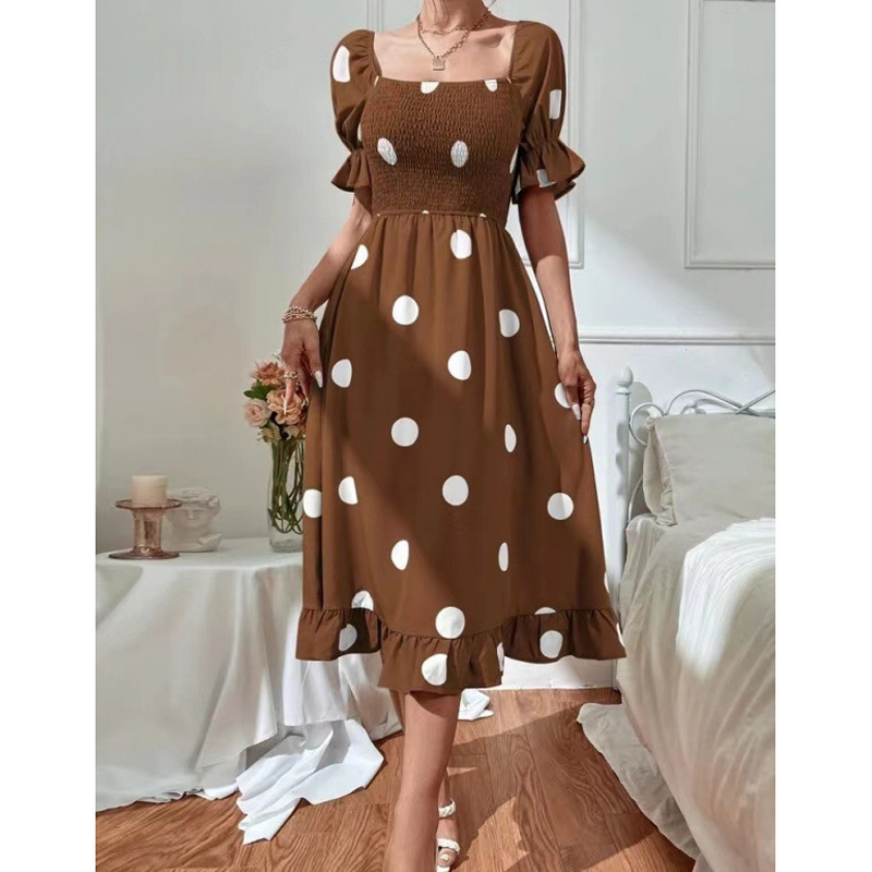 👗🎬Rochie pentru femei cu imprimeu în buline, cu guler pătrat și detalii smockate😍-9