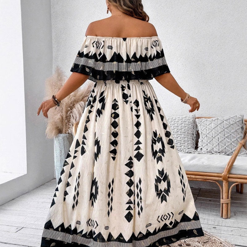 🌼🦋Rochie lungă la modă pentru femei, cu imprimeu și umeri descoperiți, cu fante laterale-2