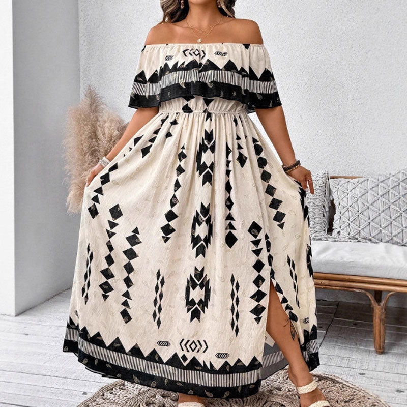 🌼🦋Rochie lungă la modă pentru femei, cu imprimeu și umeri descoperiți, cu fante laterale-1