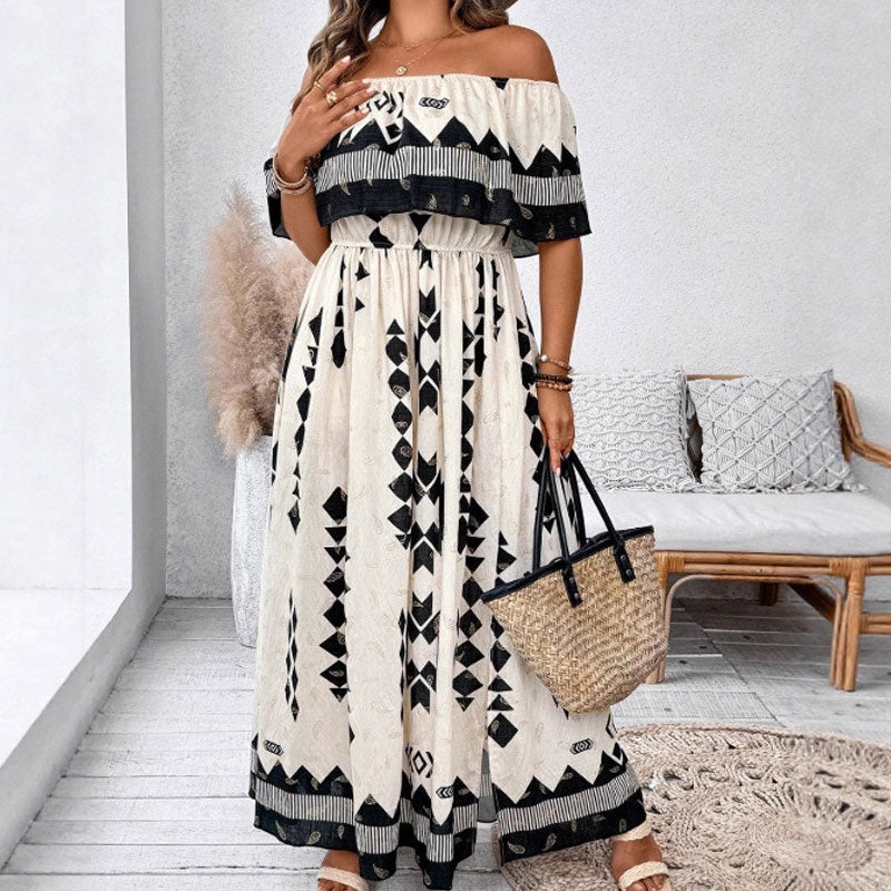 🌼🦋Rochie lungă la modă pentru femei, cu imprimeu și umeri descoperiți, cu fante laterale-3