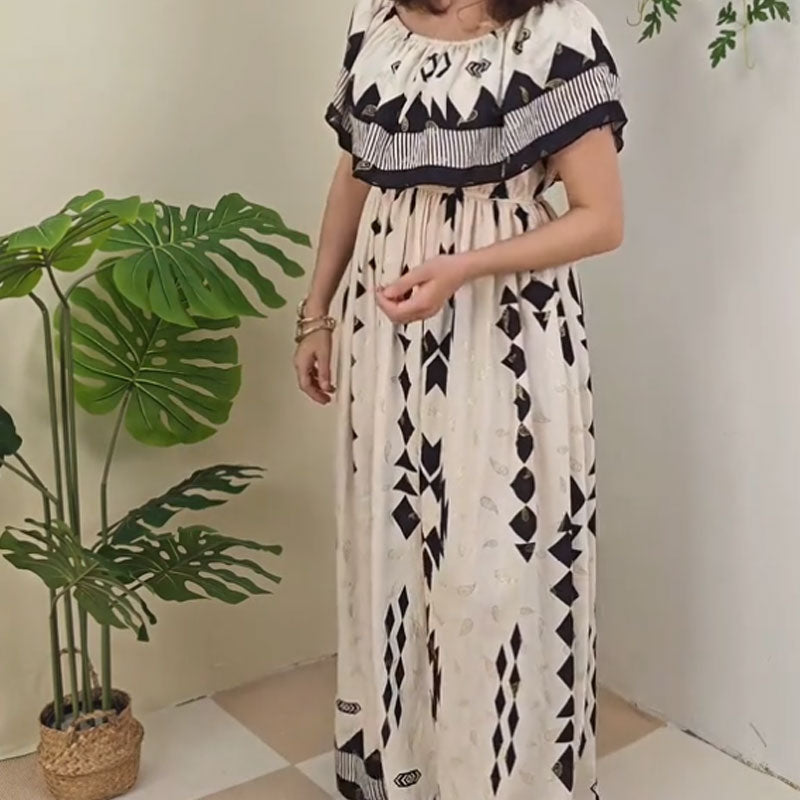 🌼🦋Rochie lungă la modă pentru femei, cu imprimeu și umeri descoperiți, cu fante laterale-5