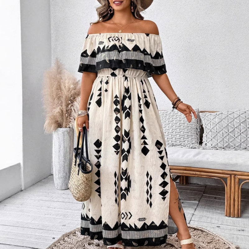 🌼🦋Rochie lungă la modă pentru femei, cu imprimeu și umeri descoperiți, cu fante laterale-9
