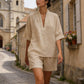 🍀🌬️Set casual pentru femei, compus din bluză cu decolteu în V și pantaloni scurți-5