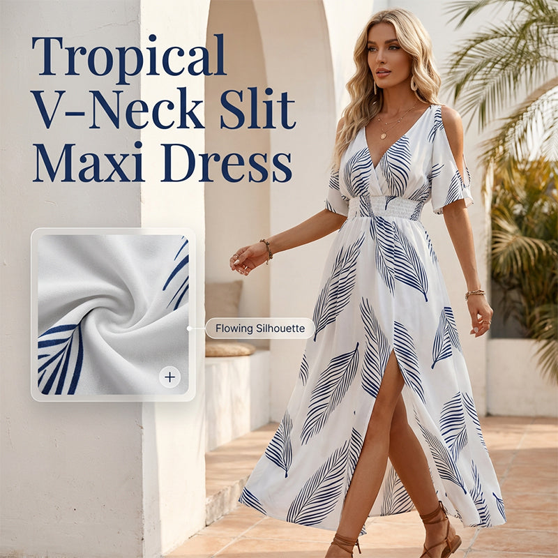 👗 50% REDUCERE ACUM! 🌞Rochie maxi cu decupaje pe umeri și imprimeu tropical