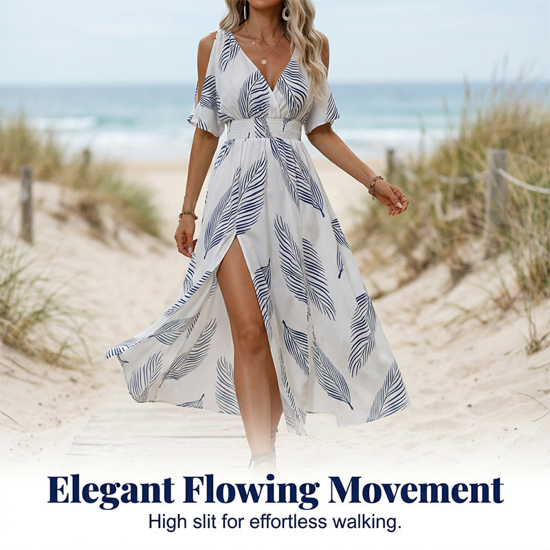 👗 50% REDUCERE ACUM! 🌞Rochie maxi cu decupaje pe umeri și imprimeu tropical-2