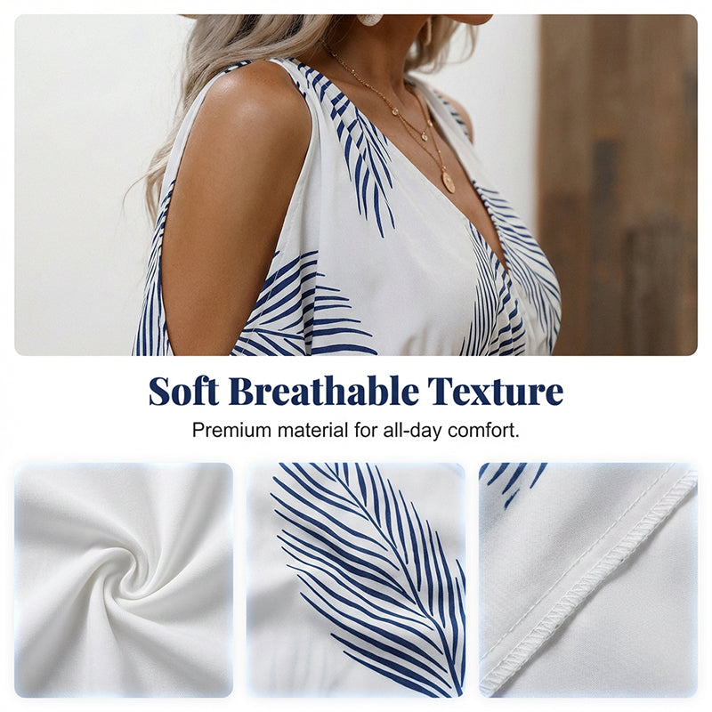 👗 50% REDUCERE ACUM! 🌞Rochie maxi cu decupaje pe umeri și imprimeu tropical-3