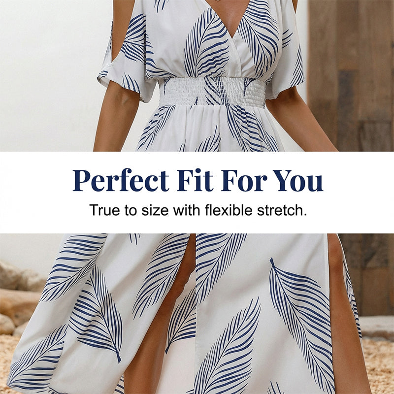 👗 50% REDUCERE ACUM! 🌞Rochie maxi cu decupaje pe umeri și imprimeu tropical-5