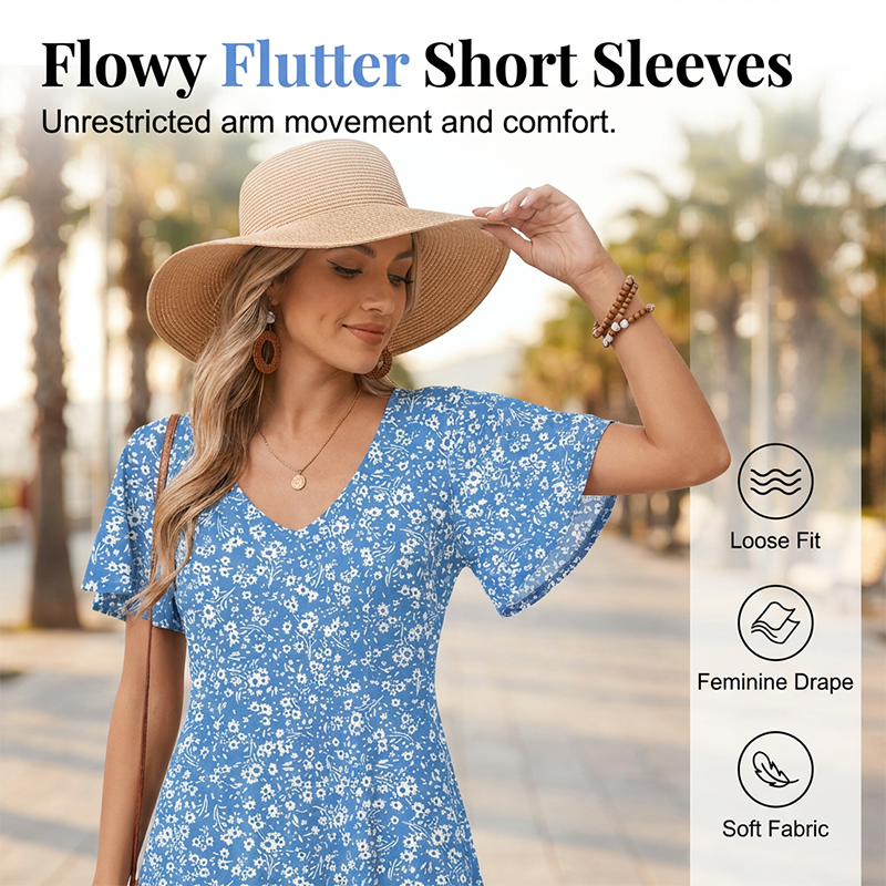 🎁Noutăți cu 50% reducere💥Rochie midi pentru femei cu decolteu în V și imprimeu floral-4