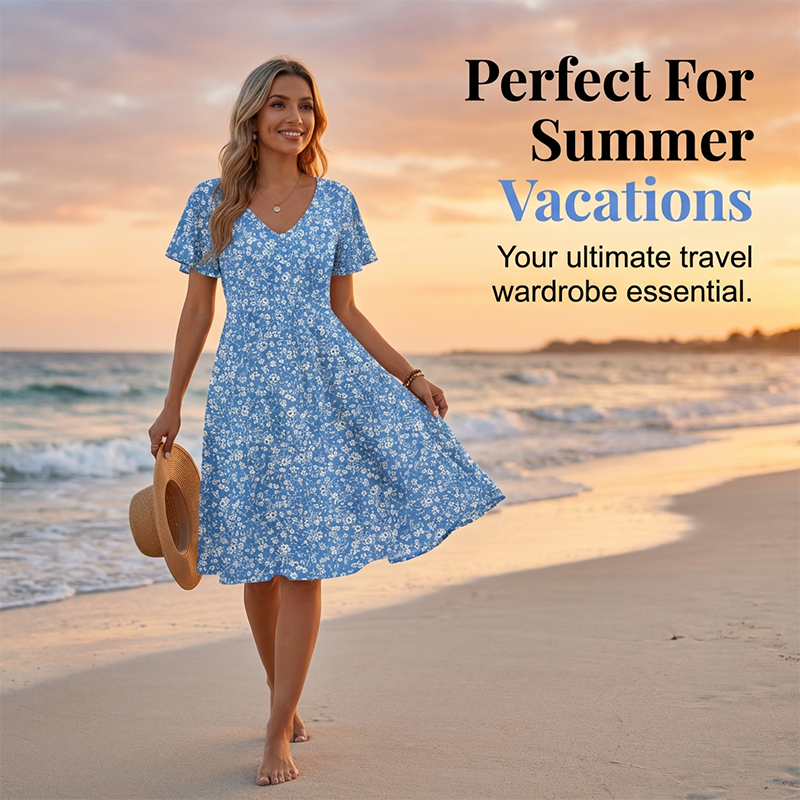 🎁Noutăți cu 50% reducere💥Rochie midi pentru femei cu decolteu în V și imprimeu floral-7