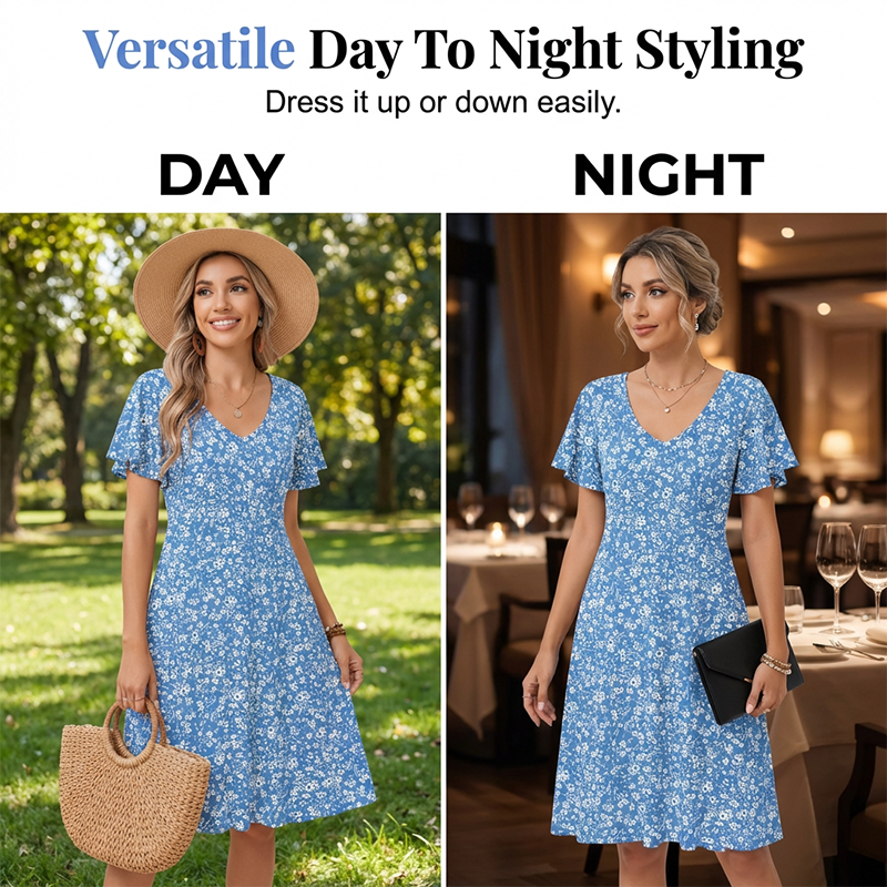 🎁Noutăți cu 50% reducere💥Rochie midi pentru femei cu decolteu în V și imprimeu floral-8