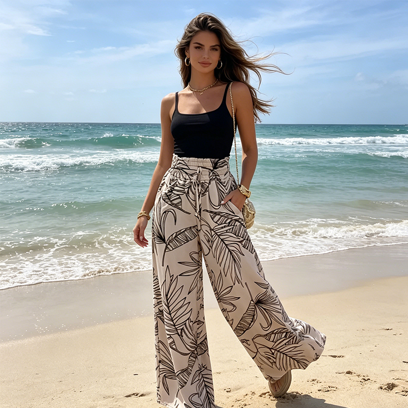 🔥Oferte speciale – Pantaloni largi cu talie înaltă și imprimeu cu frunze, pentru femei🏖️Indispensabili pentru vacanță~😎