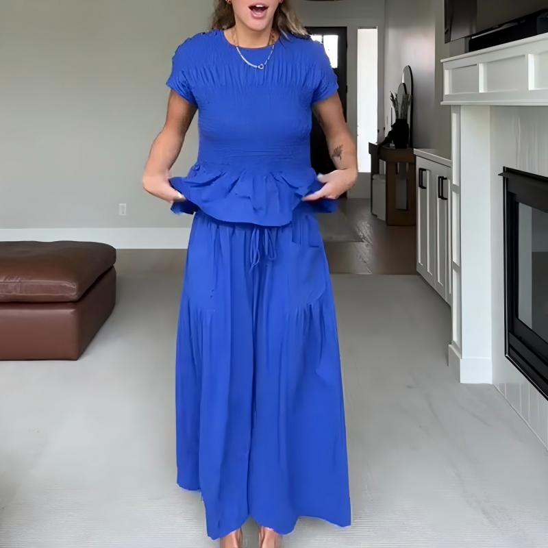 😍【S-XL】🌿Set pentru femei compus din bluză plisată și pantaloni cu croi larg-1