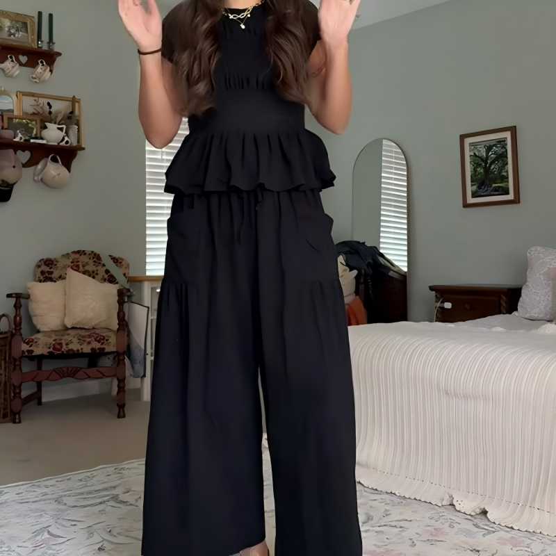 😍【S-XL】🌿Set pentru femei compus din bluză plisată și pantaloni cu croi larg-4
