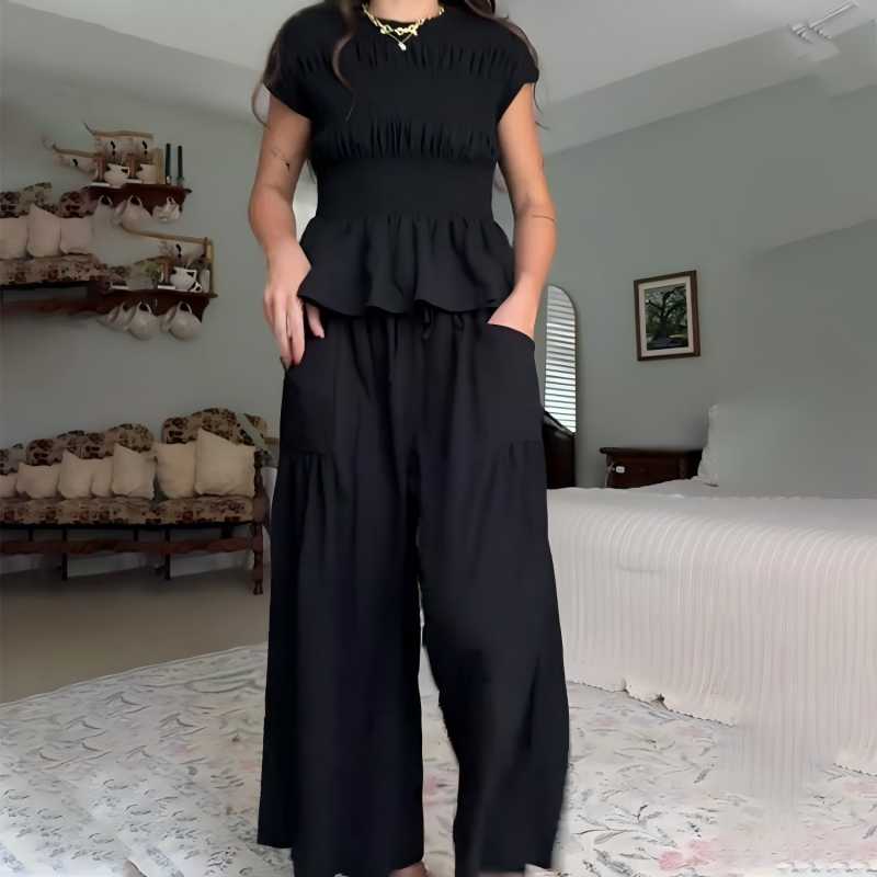 😍【S-XL】🌿Set pentru femei compus din bluză plisată și pantaloni cu croi larg-3