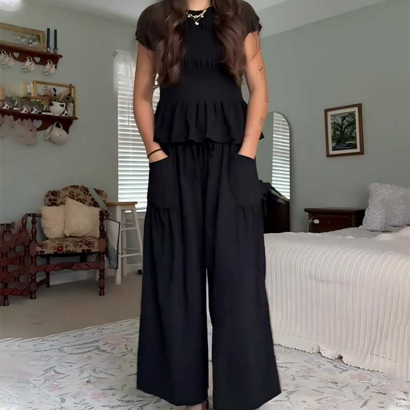 😍【S-XL】🌿Set pentru femei compus din bluză plisată și pantaloni cu croi larg-5