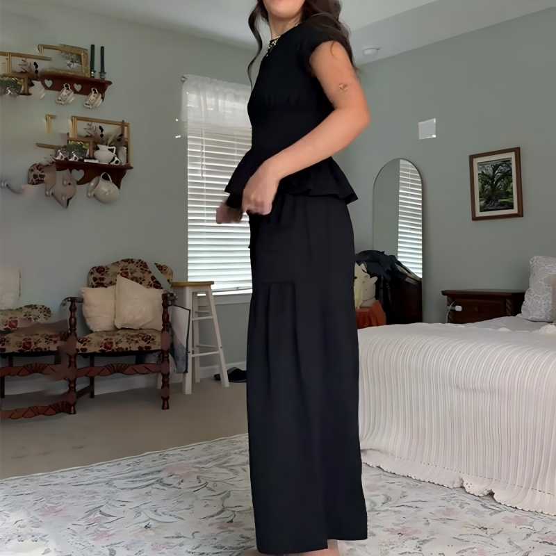 😍【S-XL】🌿Set pentru femei compus din bluză plisată și pantaloni cu croi larg-6