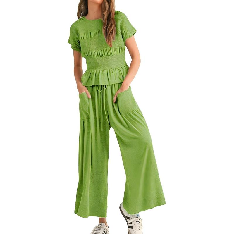😍【S-XL】🌿Set pentru femei compus din bluză plisată și pantaloni cu croi larg-10