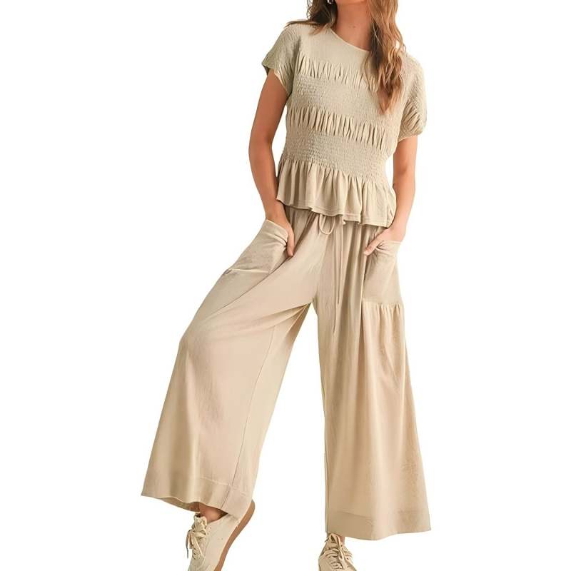 😍【S-XL】🌿Set pentru femei compus din bluză plisată și pantaloni cu croi larg-11