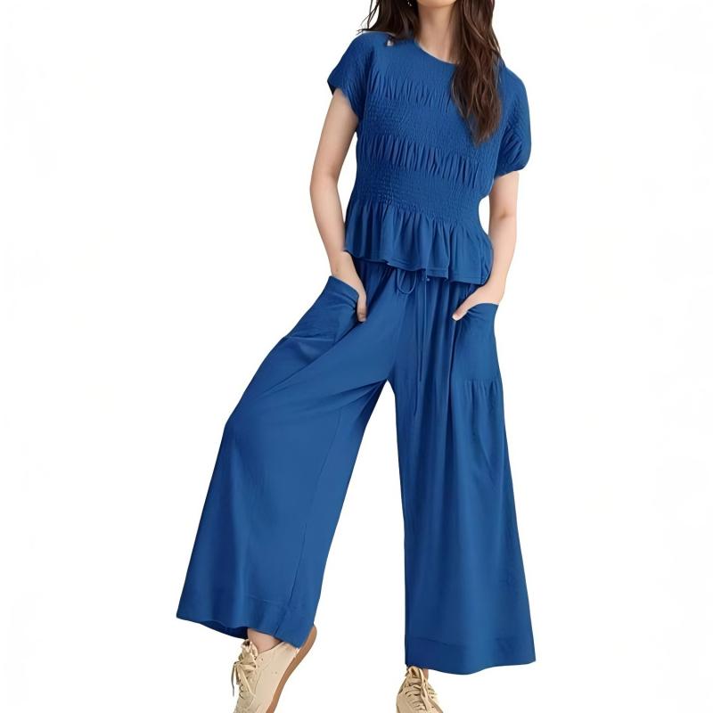 😍【S-XL】🌿Set pentru femei compus din bluză plisată și pantaloni cu croi larg-12