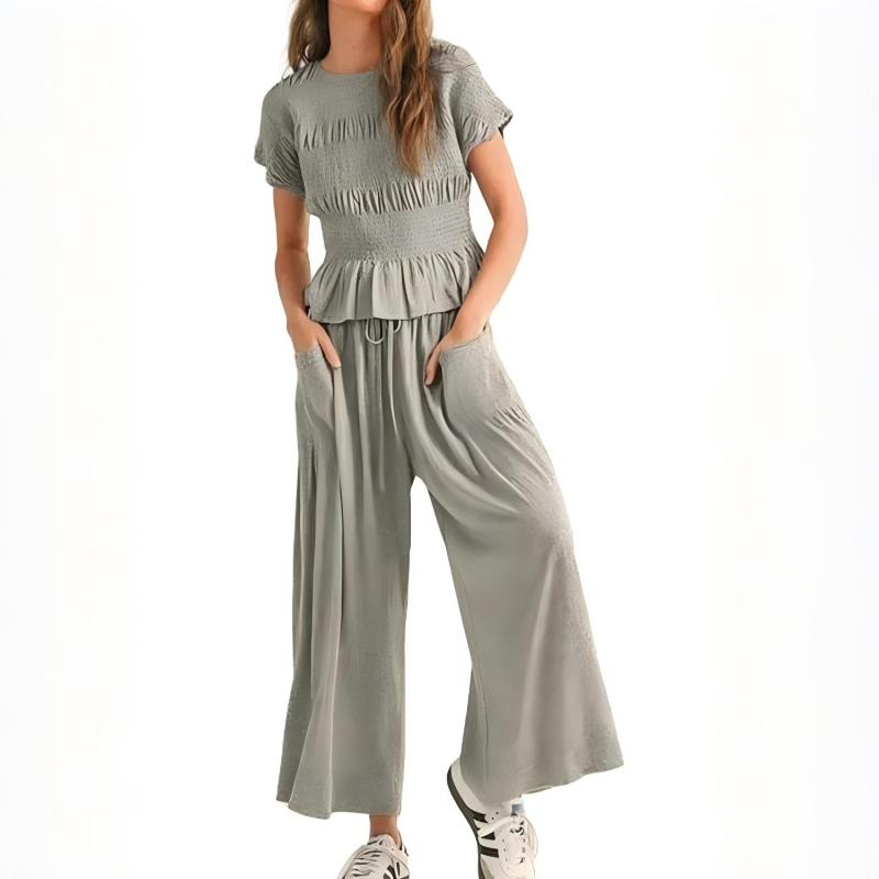 😍【S-XL】🌿Set pentru femei compus din bluză plisată și pantaloni cu croi larg-14