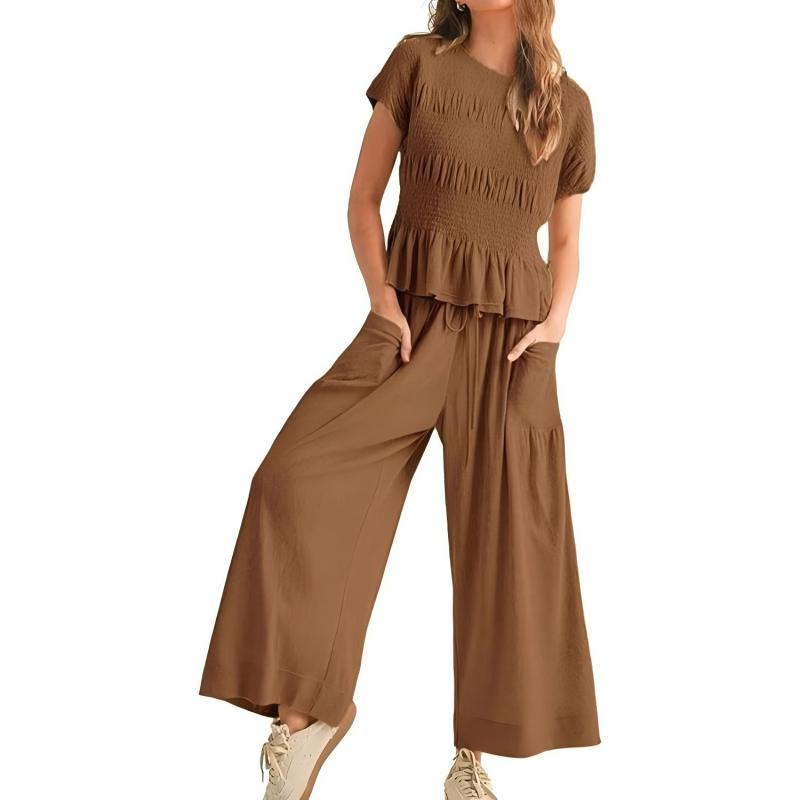 😍【S-XL】🌿Set pentru femei compus din bluză plisată și pantaloni cu croi larg-13