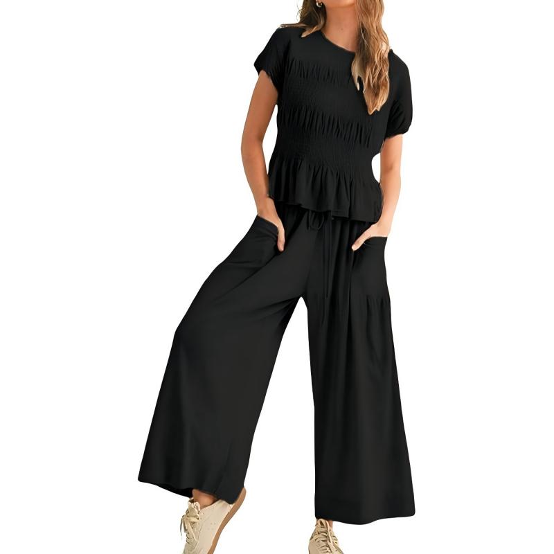 😍【S-XL】🌿Set pentru femei compus din bluză plisată și pantaloni cu croi larg-15