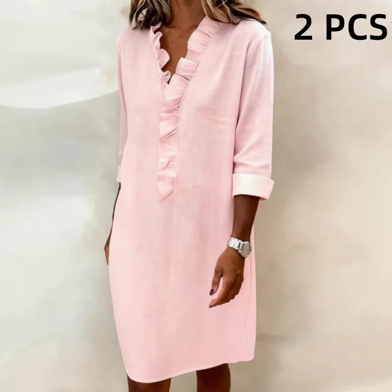👗Rochie-cămașă din in cu volane și decolteu în V pentru femei🌟-10