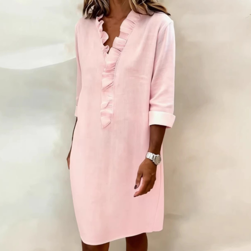 👗Rochie-cămașă din in cu volane și decolteu în V pentru femei🌟-9