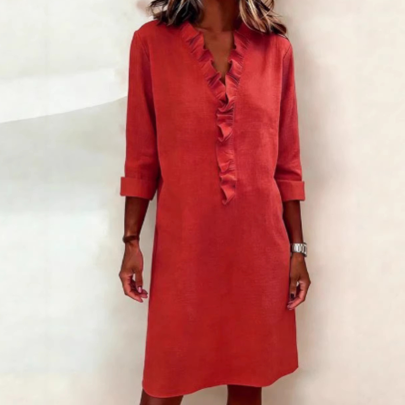 👗Rochie-cămașă din in cu volane și decolteu în V pentru femei🌟-11