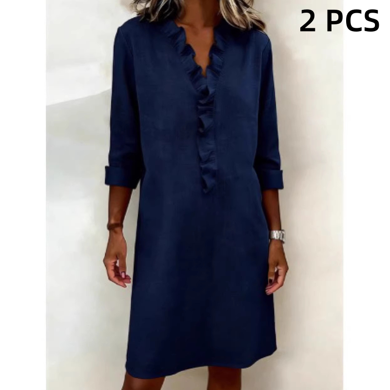 👗Rochie-cămașă din in cu volane și decolteu în V pentru femei🌟-14