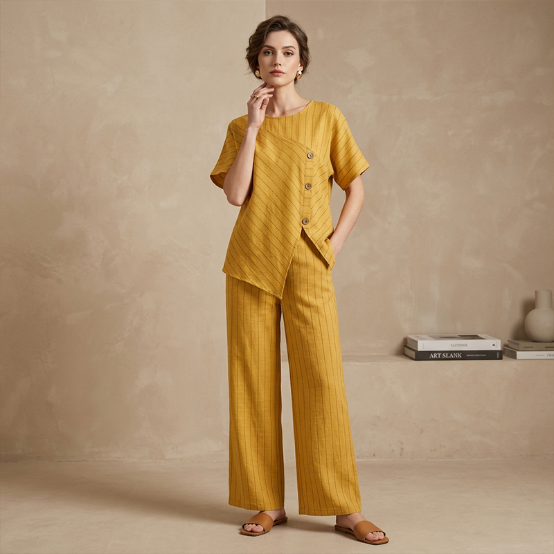 😍Set pentru femei compus din bluză cu nasturi și pantaloni cu croi larg💖-6