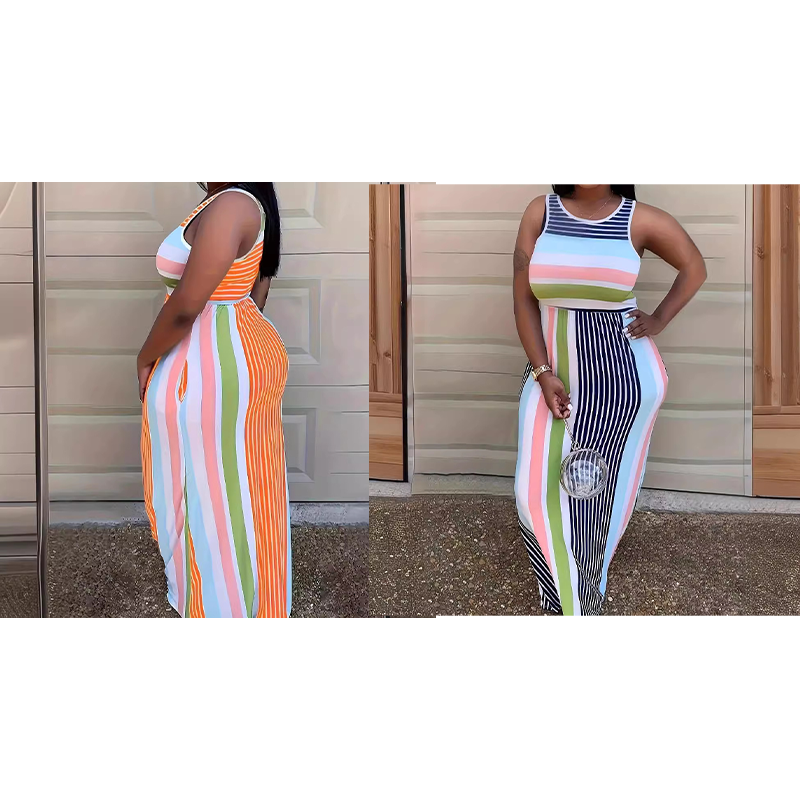 Rochie lungă mulată fără mâneci, cu dungi, pentru femei-15