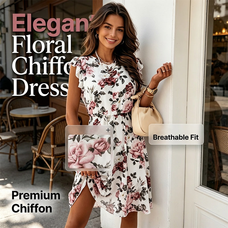 🔥Rochie din șifon🌹Rochie din șifon cu mâneci cu volane și imprimeu floral pentru femei👗❤️